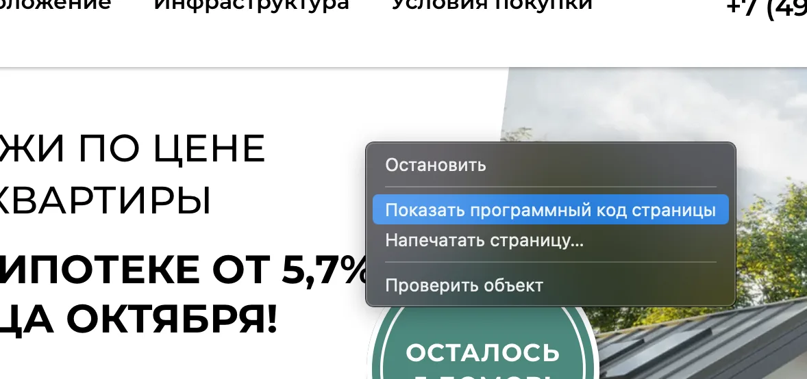 Просмотр кода страницы через правую кнопку мыши в Safari