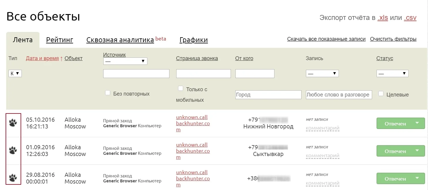 Лента звонков Аллоки с обратными звонками из Callbackhunter и обычными звонками